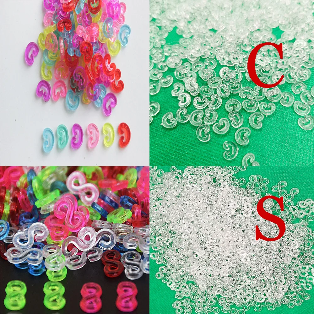 200Pcs Acrylic C/S Clips Loom Rubber Band Clips Plastic Jewelry Connectors For Bracelet Necklace Making Colorful Clasp Accessori