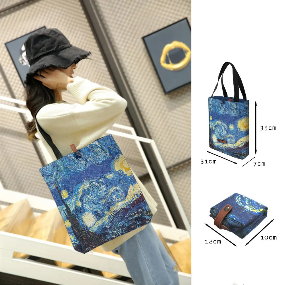 Print Tote Bags with Buckle Reusable Groceries Shoulder Bags Women Girl Shopping Bag for Home Storage 31cmx7cmx35cm