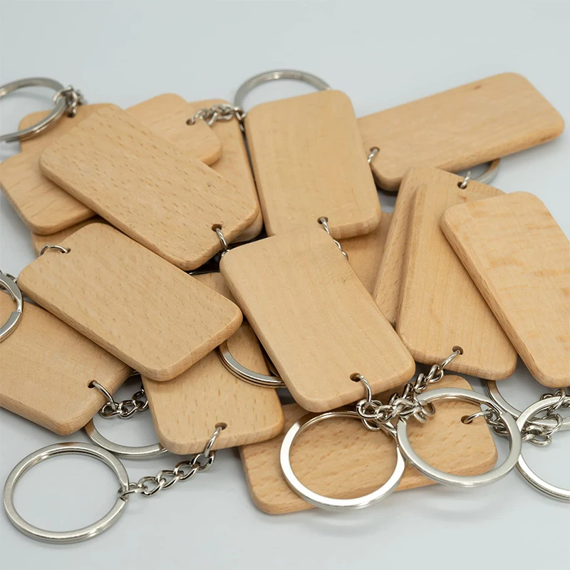 10/20/50/100Pcs Blank Wooden Key Tag with Keychain Rectangle Wood Blank Wooden Keychains