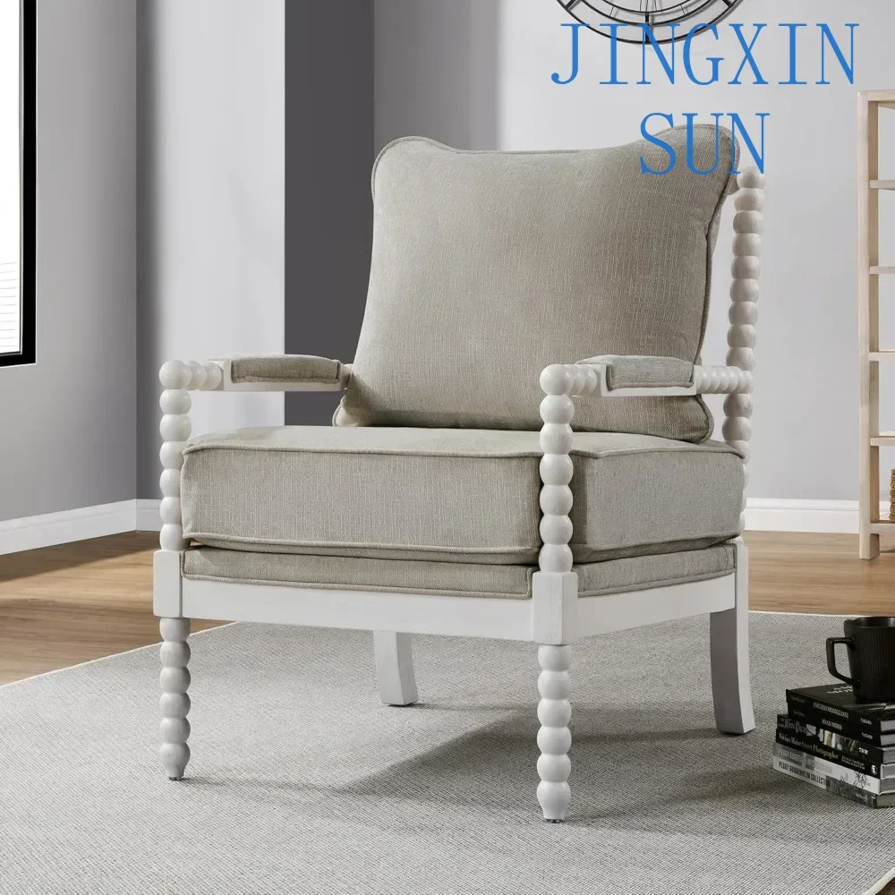 Linen Fabric Spindle Accent Chair with Wood Frame,Leisure Armchair for Living Room Bedroom Farmhouse Home,Living Room Chairs