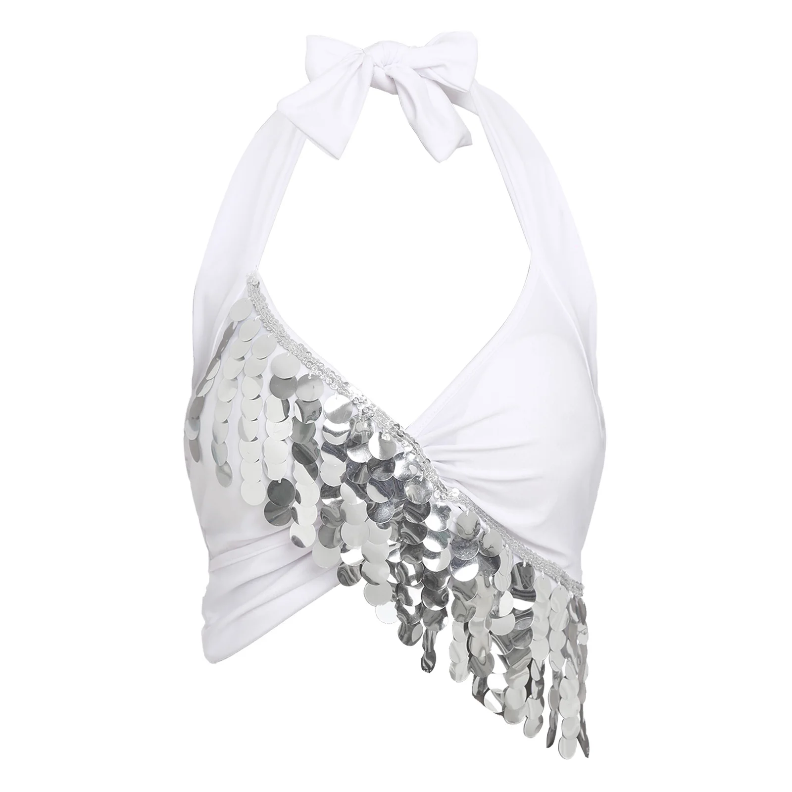 

Women Sexy Belly Dance Hollow Out Bra Halter V Neck Sequin Tassel Padded Bra Dance Crop Top for Belly Performance Dance Tops