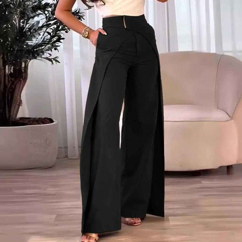 

Solid Color Wide-leg Trousers Stylish Women's High Waist Wide Leg Pants with Pockets Cross Design Tie Waist Solid for Office
