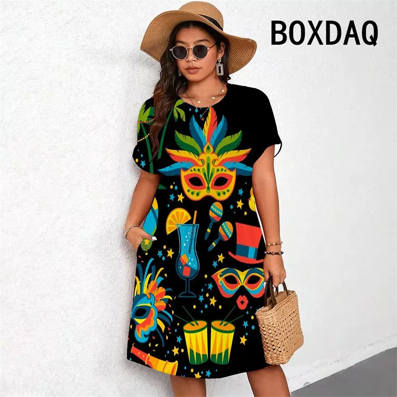 2025 New Mardi Gras Carnival Party Dress 3D Colorful Mask Printed Women A-Line Dress Short Sleeve O-Neck Loose Pocket Mini Dress