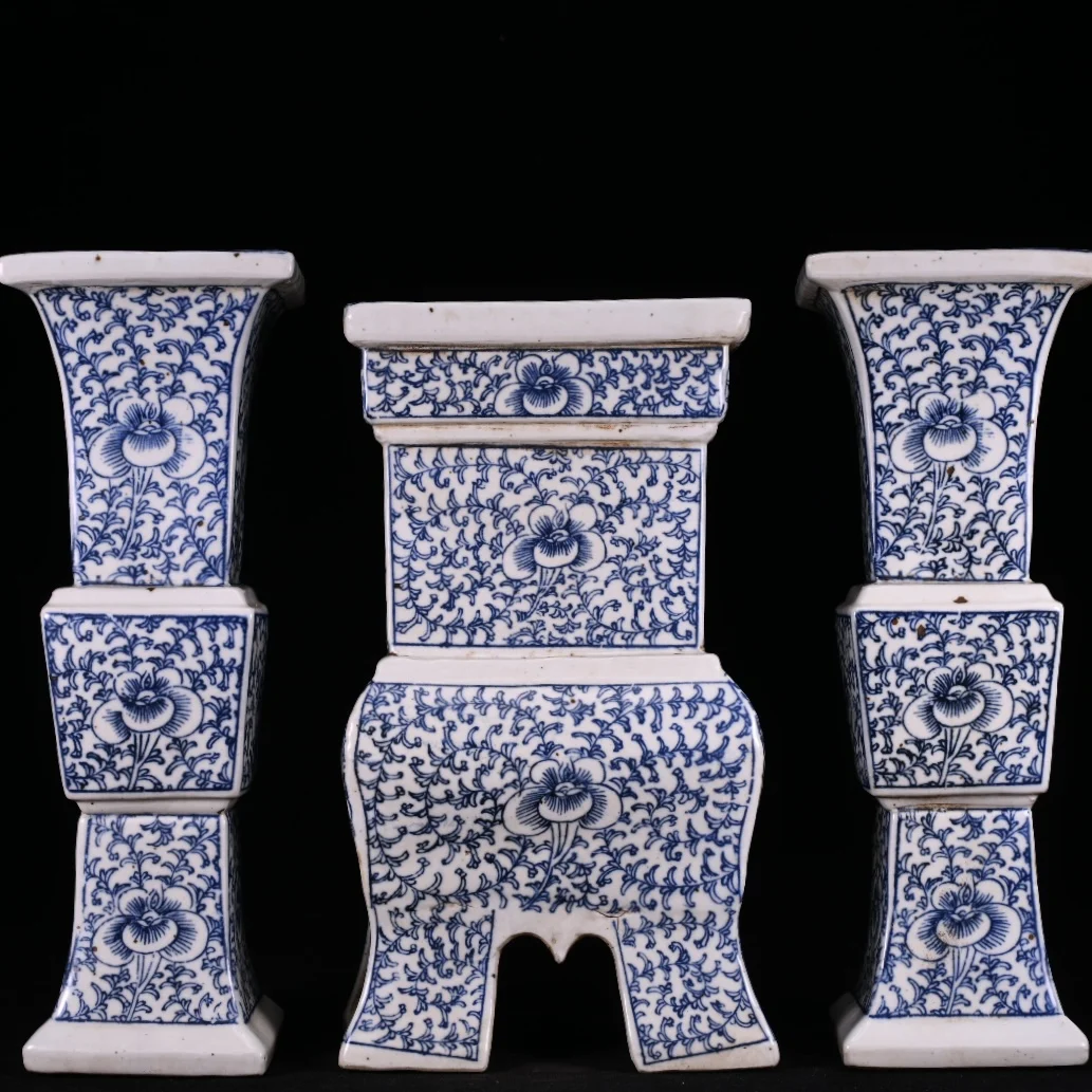 China porcelain Qing Jiaqing blue-and-white flower pattern inlay three for home decoration ornaments
