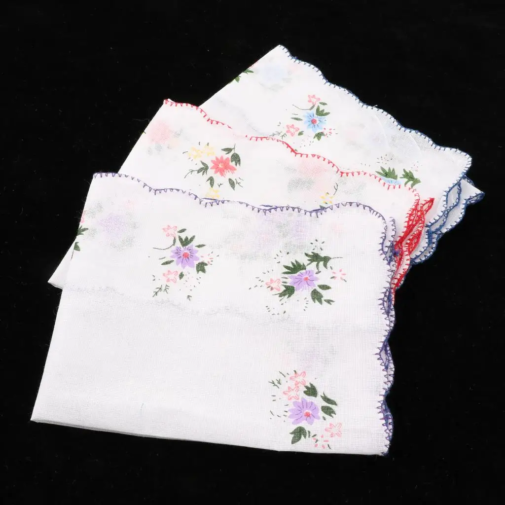 3PCS Womens Handkerchiefs Lace Hankies Pocket Square Hanky Floral Kerchiefs