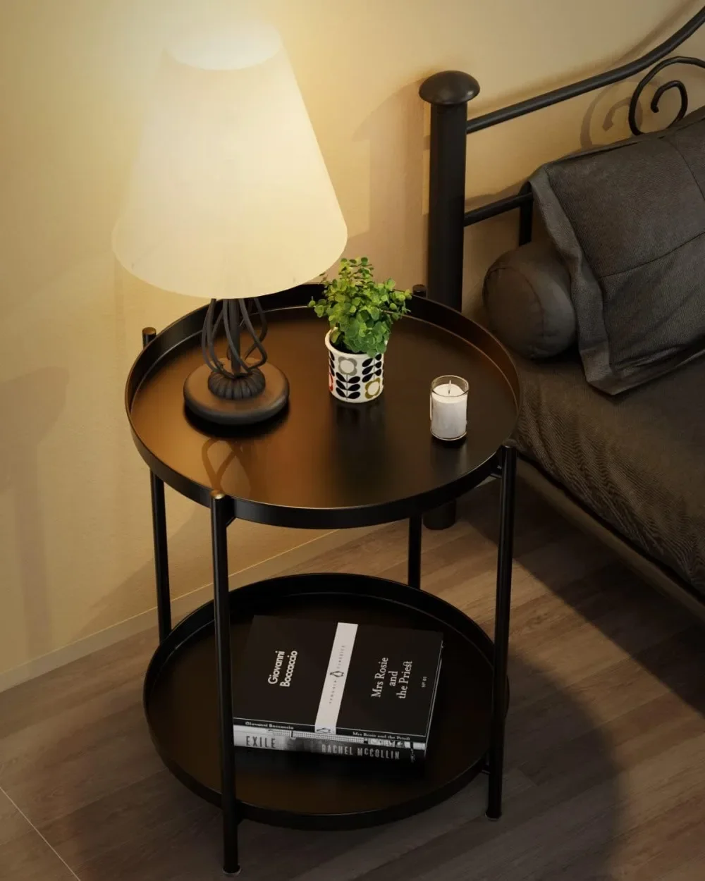 2 Tier End Table - Metal Side Table Waterproof Small Sofa Coffee Side Tables Bedroom Indoor Outdoor with Removable Tray