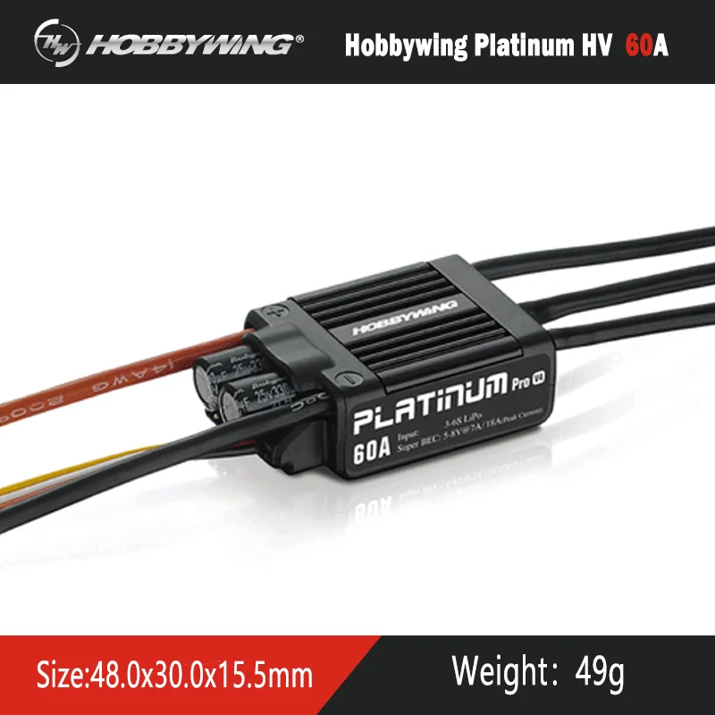 

Original HobbyWing Platinum PRO V4 60A ESC (3S-6S) for 450-480 Class Heli (Propeller: 325-360mm)