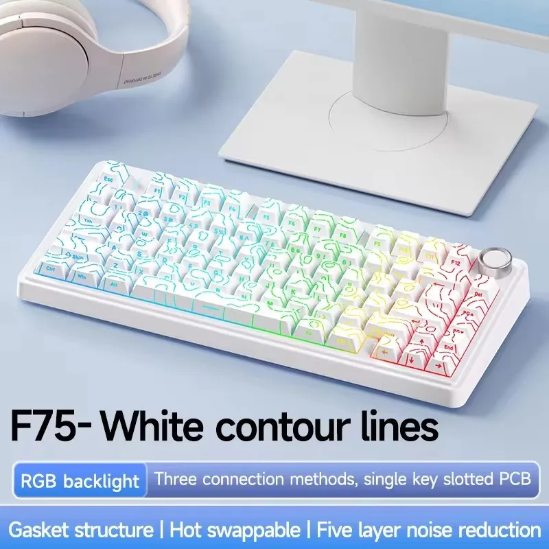 AULA F75 Wireless Gaming Mechanical Keyboard Tri-Mode Contour Side Carved PBT Keycap 75% Layout RGB Light Customized PC Keyboard