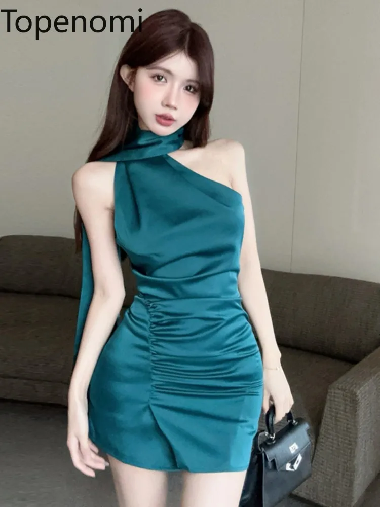 

Topenomi Spicy Girl Halter Ribbon Satin Party Dress French Luxury High Waist Folds Slim Fit Short Evening Dresses Women Elegant