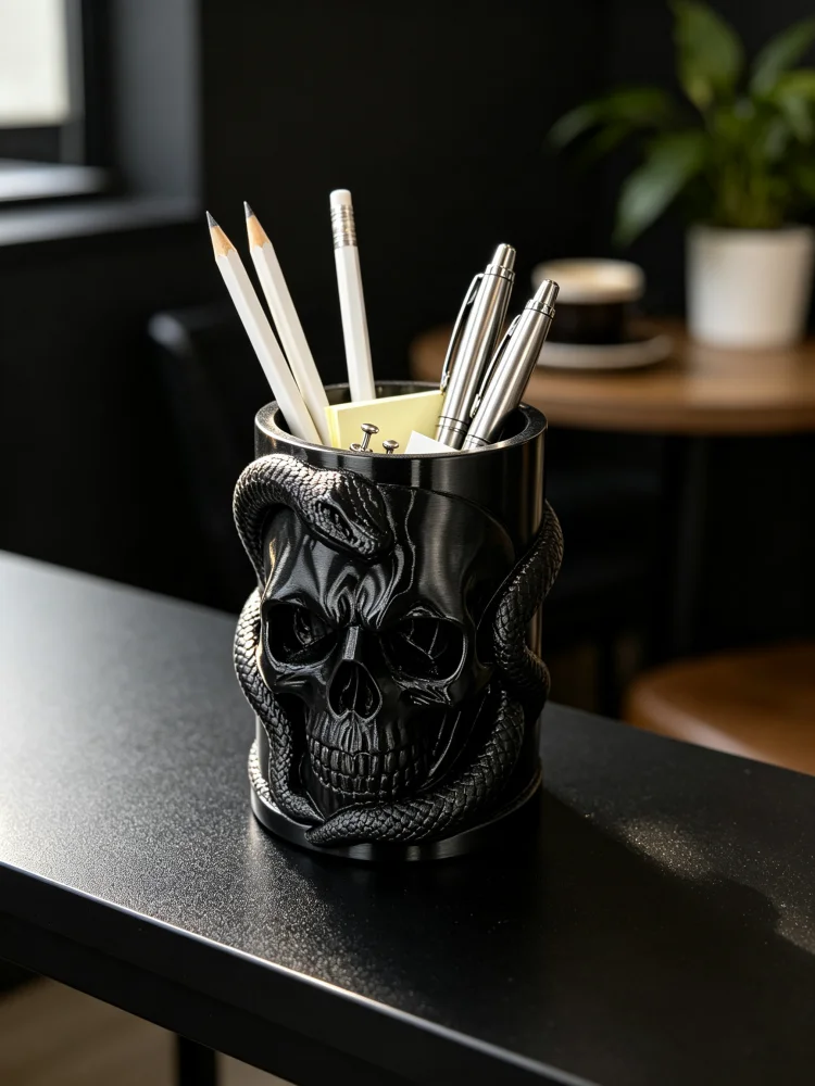 Personalized Avant-Garde Snake-Wrapped Skull Pen Holder, Retro Gothic Dark Aesthetic Pen Cup, High-Strength Black Skull Decorative Storage Tube Made of Petg Material, Large-Capacity Desktop Stationery Organizer, Office Supplies Desktop Decoration, Can Hold Pencils, Pens, Scissors, Small Items, Dressing Table Makeup Brush Storage, Halloween Decoration, Alternative Home Decor Gift