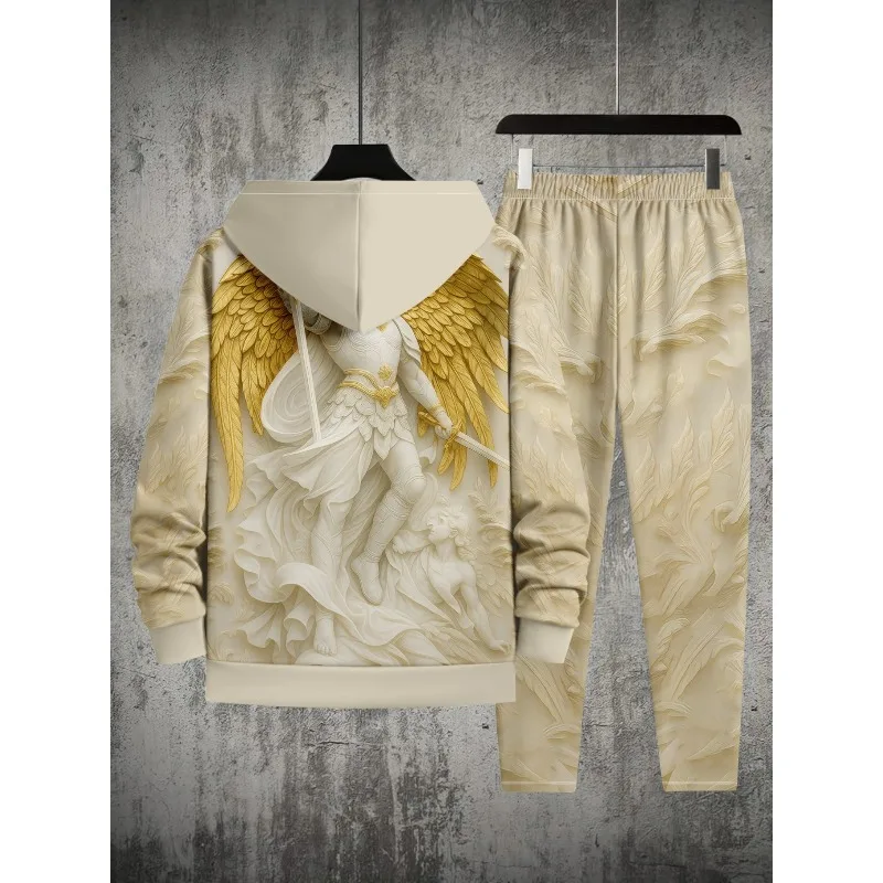 2025 Conjunto de sudadera con capucha de moda para hombre, pantalones con capucha de dos piezas, elementos impresos en 3D de estilo deportivo