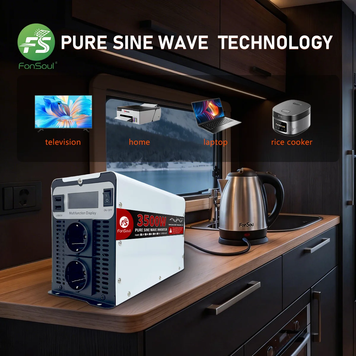 Fonsoul Inverter 3000W Pure Sine Wave DC 12V 24V to AC 110V 220V/230V Camping Home Appliance & Automotive Use Two Europe Outlets