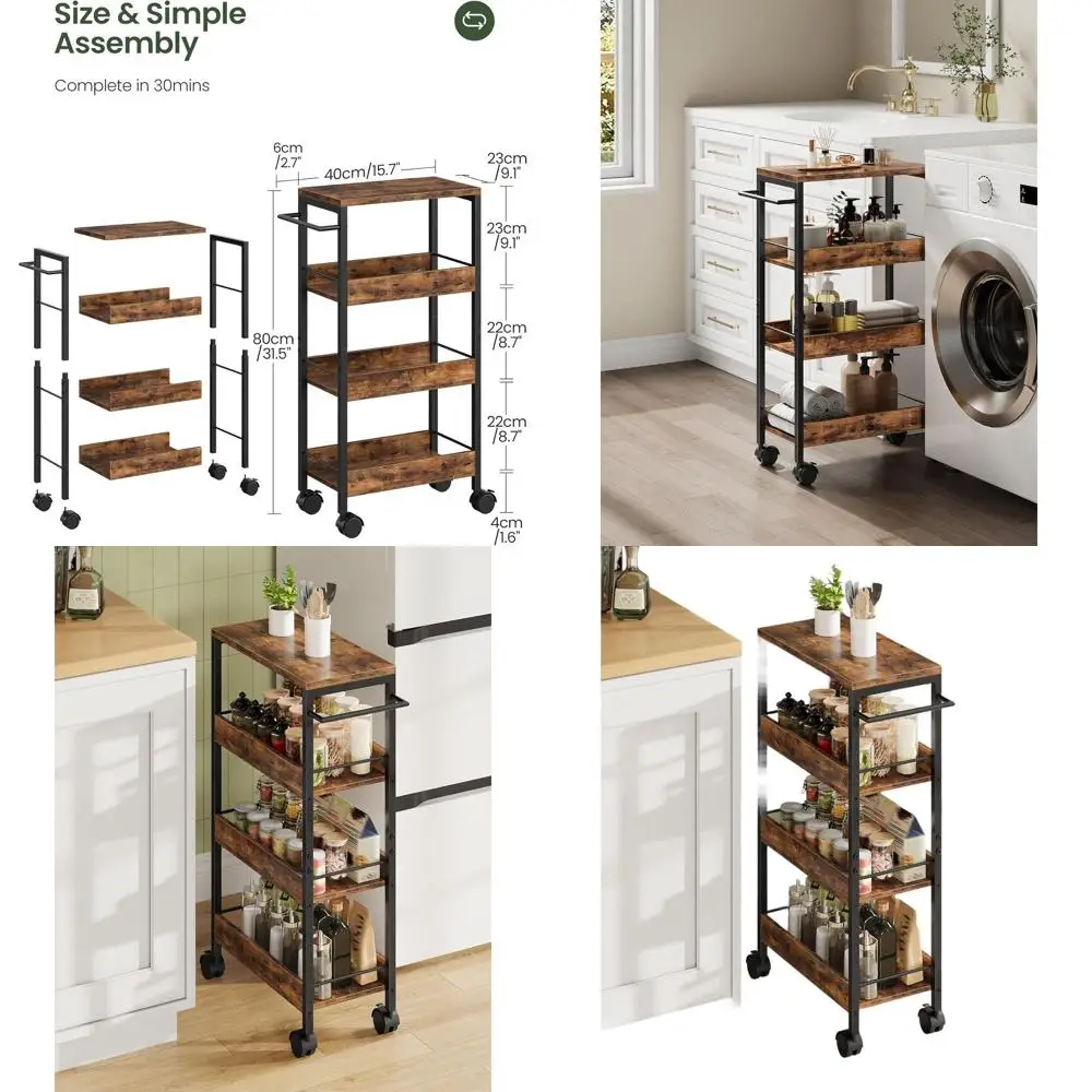 

4-Tier Compact Kitchen Trolley with Rolling Handle and Guard Rails, Ideal for Small Spaces, Dining Room Use, Rustic Brown and Bl