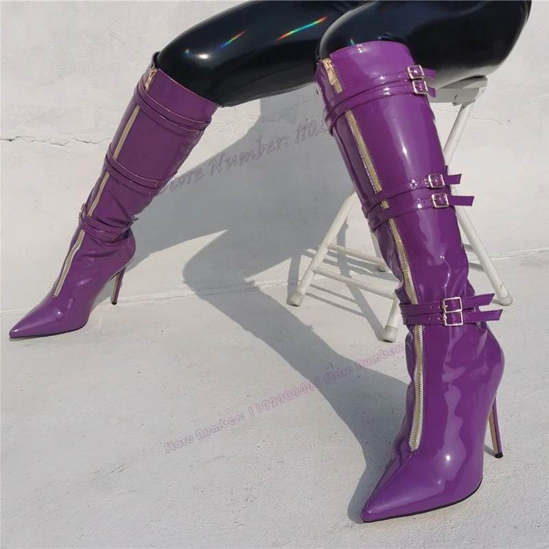 Botas hasta la rodilla de charol púrpura con cremallera frontal seis hebillas de tobillo Zapatos de moda de tacón alto fino 2025 Zapatos Para Mujer
