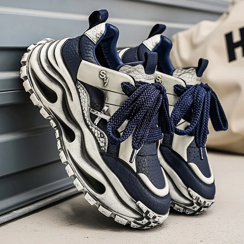 European station men's shoes - Spring trendy brand plain-color fashionable high-heel thick-soled dad shoes for sports activities