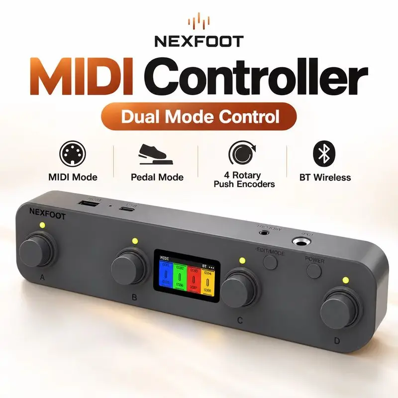 nexfoot-midiコントローラー-bluetooth-usb-c-4つのロータリーエンコーダー-20個のプリセット-usb-aホスト-35mm-midi出力-ギターエフェクター用