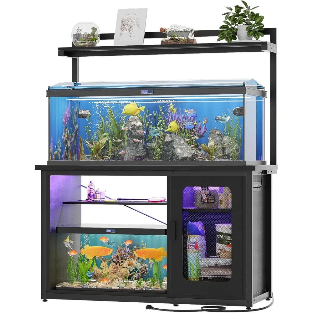 

55-75 Gallon Fish Tank Stand With Power Outlets & LED Light, Heavy Duty Aquarium Cabinet for Accessories Storage, Reversible Re