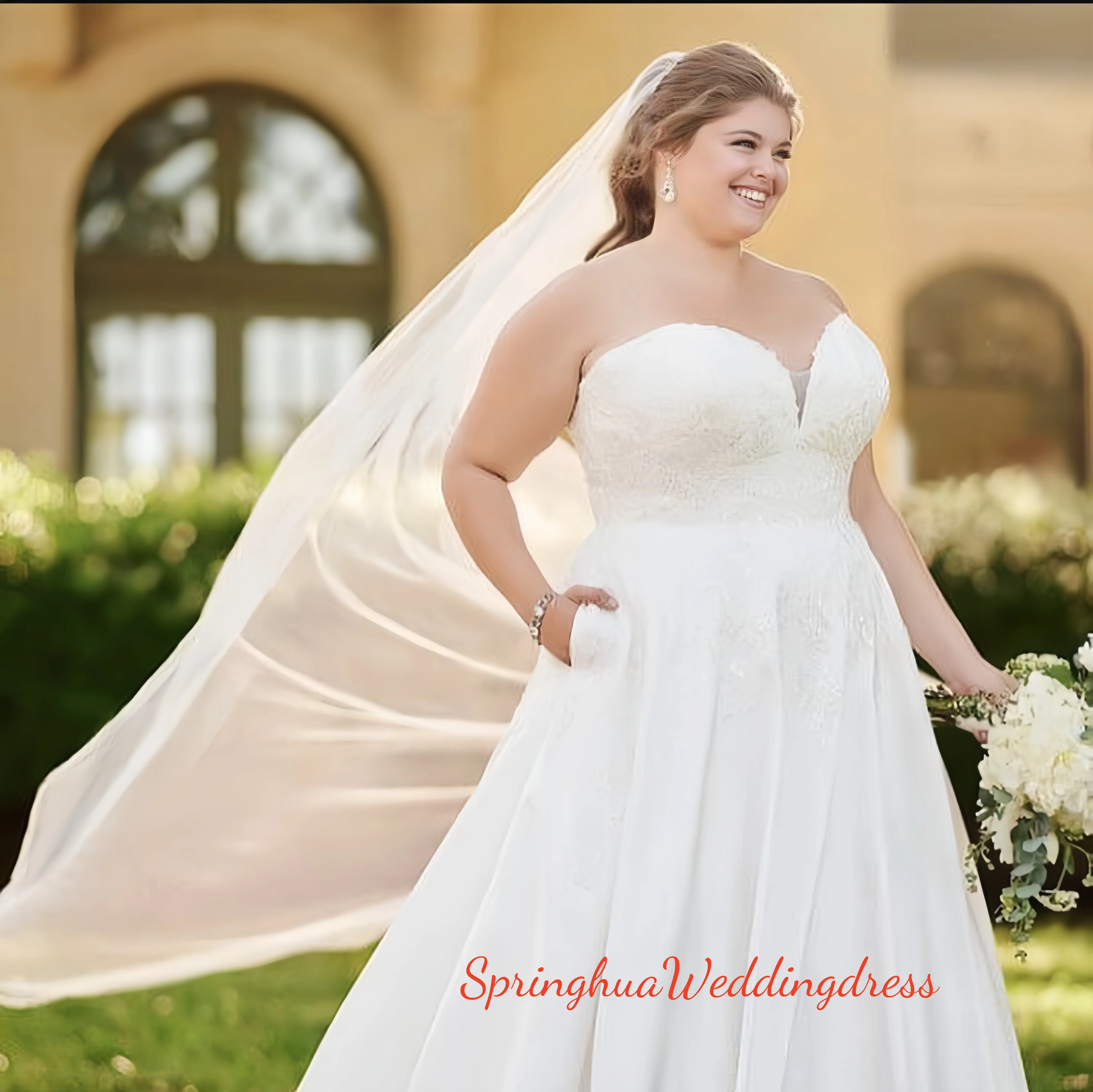 

Custom-made luxurious wedding dress, satin main wedding dress, sweetheart collar, backless pocket bridal dress, front hall
