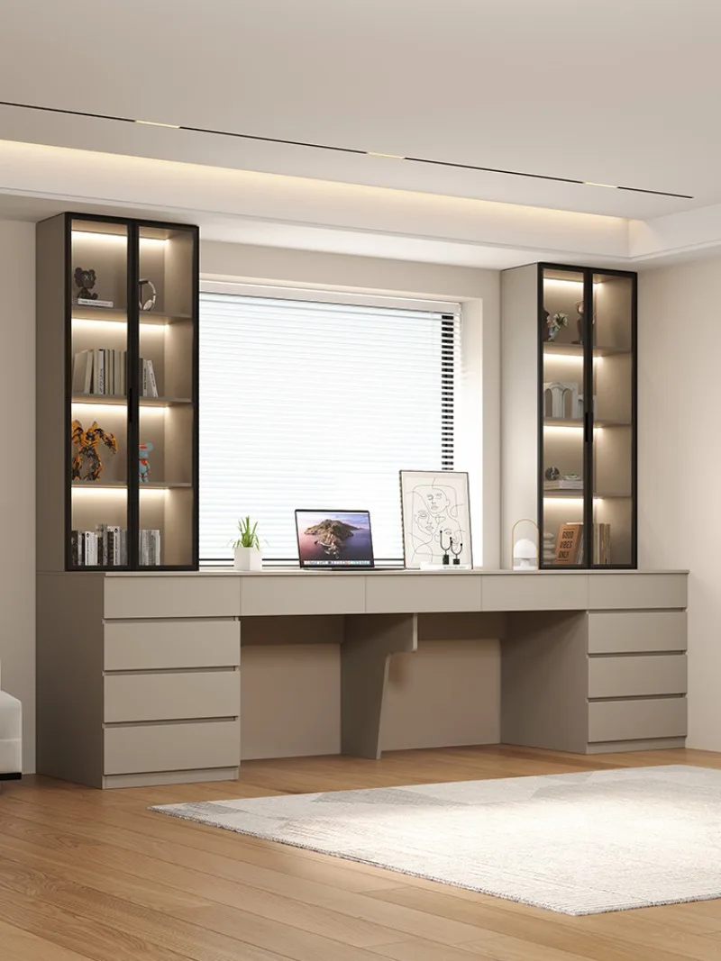 Solid wood double computer desk modern simple home office study table 2025 new integrated wall desk