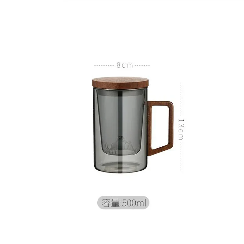 500ml Heat Resistant High Borosilicate Glass Tea Water Separation Tea Cup with Wooden Lid Handle Flower Tea Making Mug Water Cup
