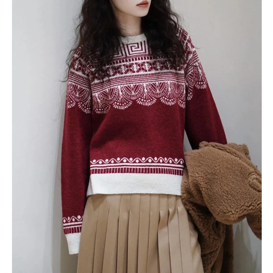 

Crew neck jacquard Christmas New Year's Day pullover knitted sweater women's autumn and winter clothes festive atmosphere