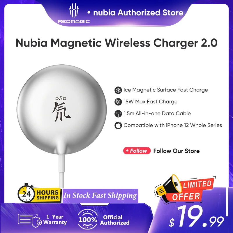 Nubia Magnetic Wireless Charger Quick for iPhone 12/13/14 Series 2.0 15W Quick Charger with 1.5m Type-c Cable