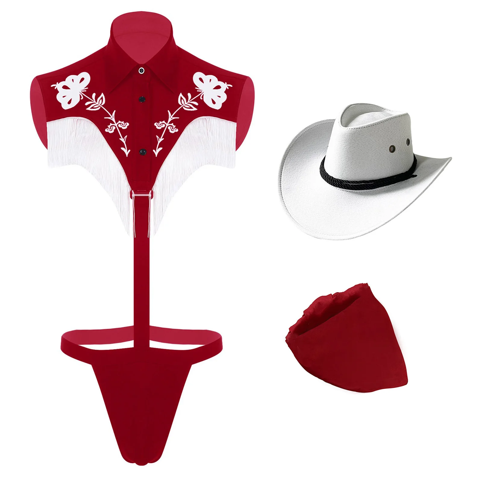 

Men Vintage Western Cowboy Cosplay Costume Tassel T-back Thongs Front Hollow Out Bodysuit with Hat And Bandanna for Halloween