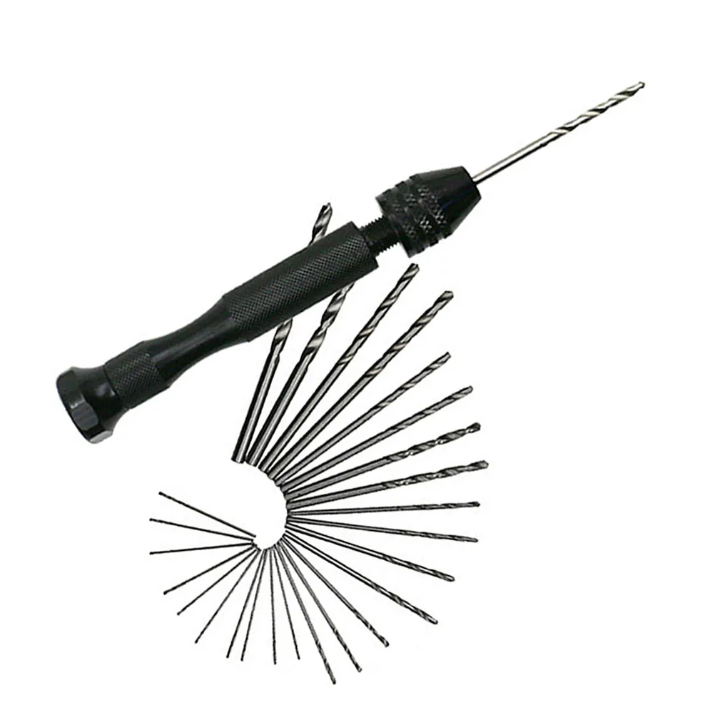 26Pcs Hand Drill Set Single Ended Manual Pin Vise Wire Gauge Bit Holder Mini Rotary Tool Jewelry Watch Repairing Black