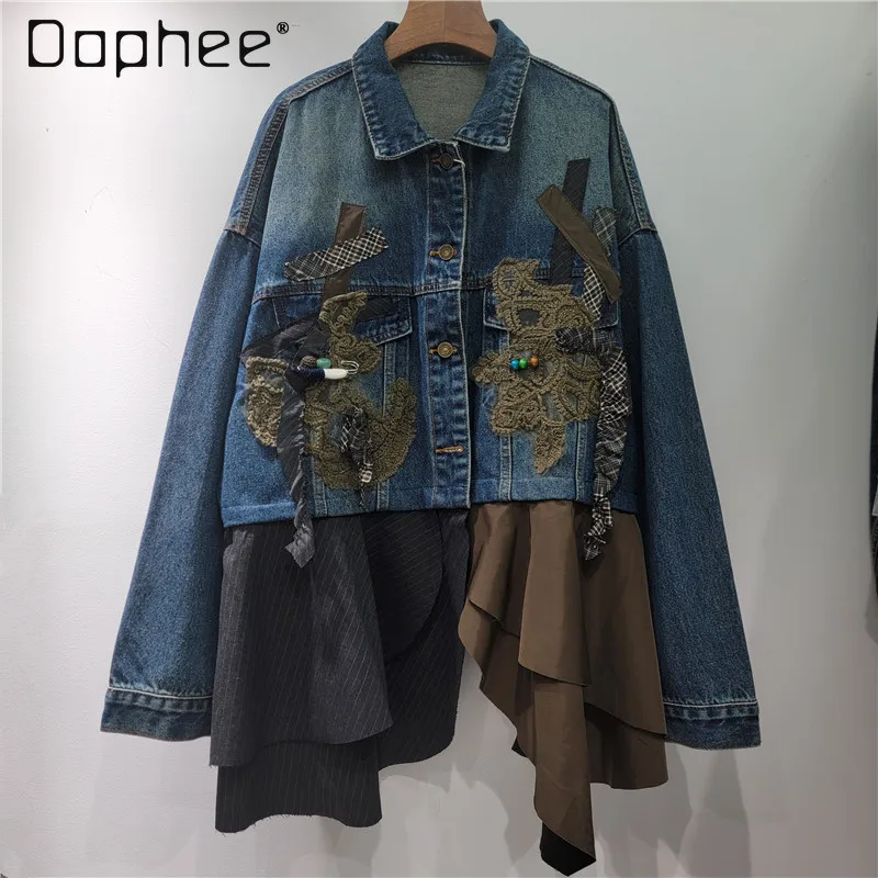 

2025 New Patchwork Denim Jacket for Women Autumn Lace Turn-Down Collar Long Sleeve Denim Top European Style Denim Jacket Women