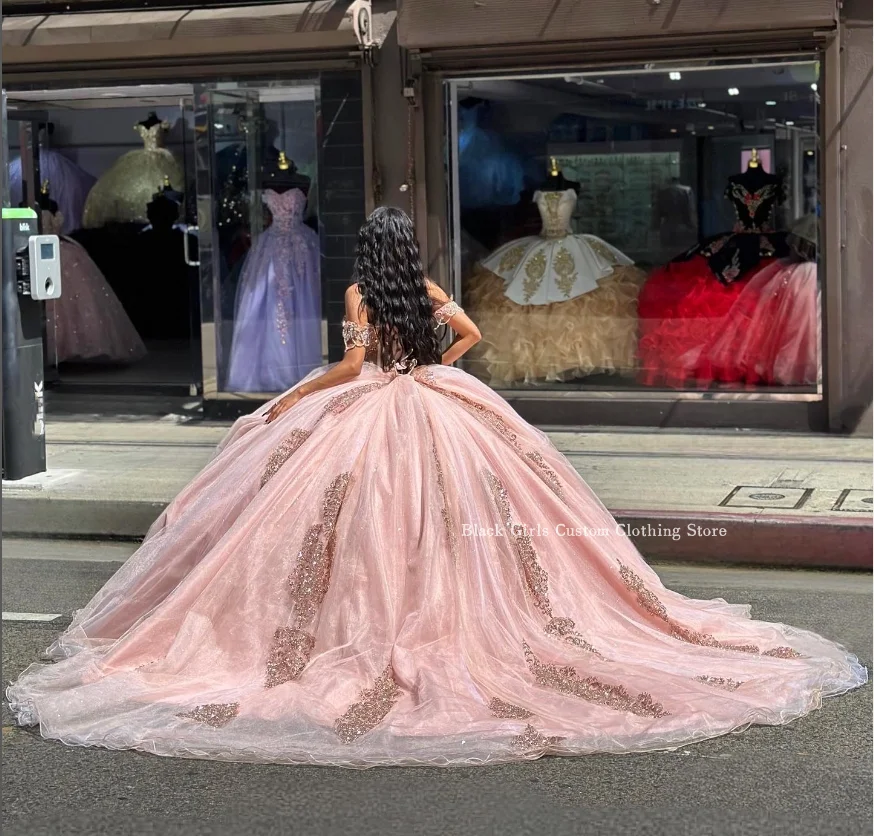 Delicate Princess Ball Gown Quinceanera Dresses Baby Pink Mexico Chapel Train Boning Corset Crystal Beaded Lace Trim 15 Dress