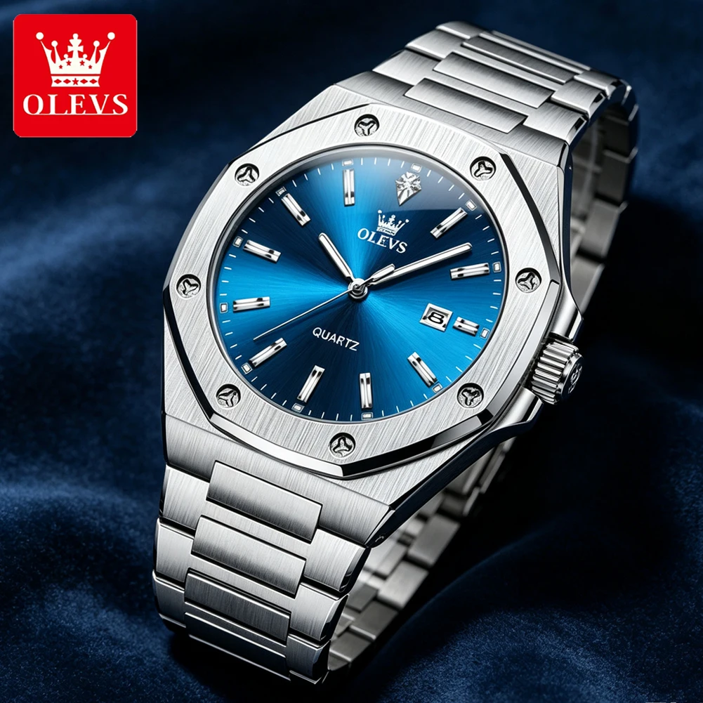 OLEVS Original Octagonal Dial Watches For Men Luxury Silver Blue Quartz Classic Watch Waterproof Stainless Steel Luminous 3613
