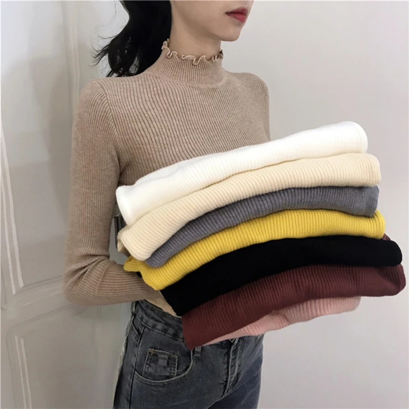 Turtleneck Ruched Women Sweater High Elastic Solid 2024 Fall Winter Fashion Sweater Women Slim Sexy Knitted Pullovers Pink White