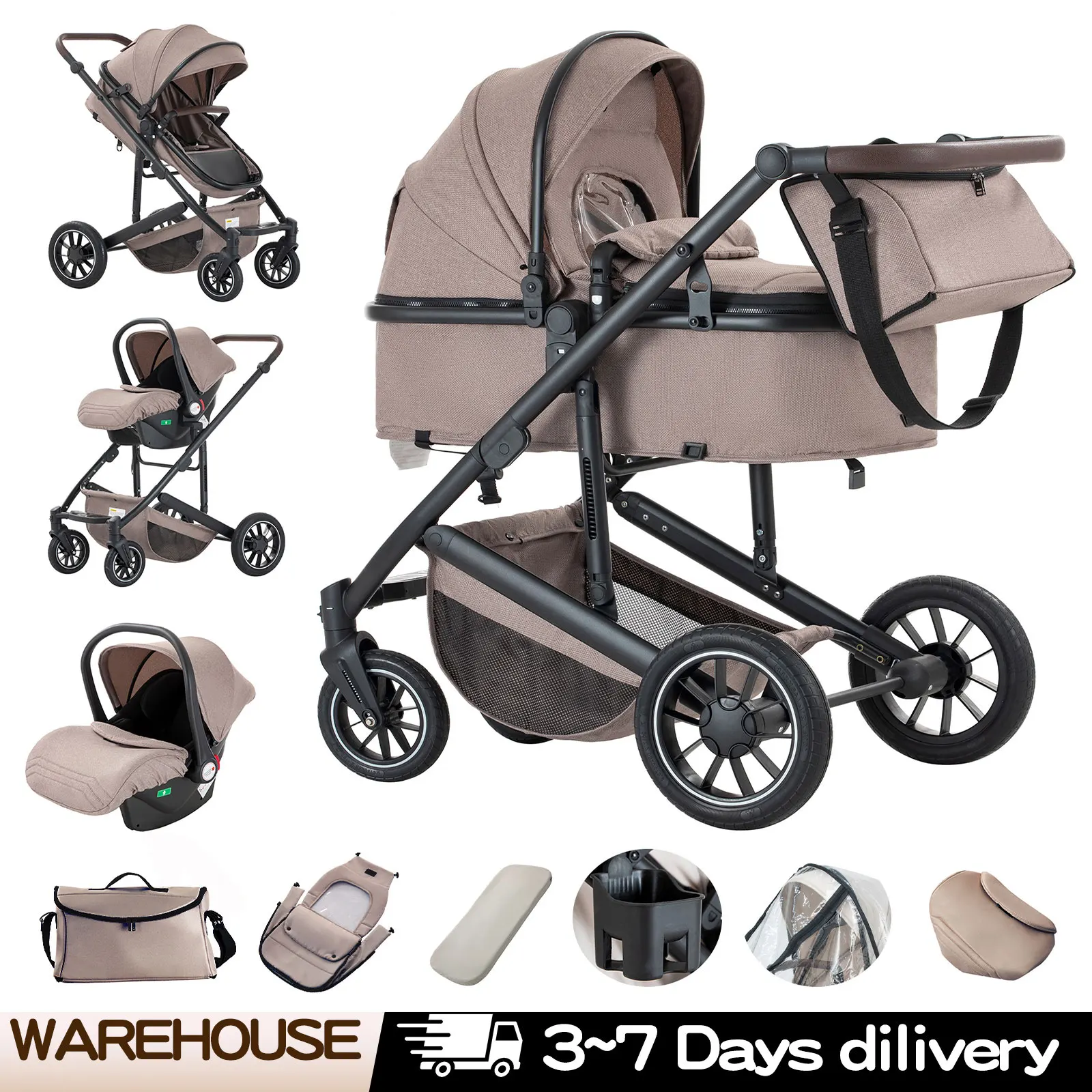 Baby Stroller 3 in 1 Portable Travel Baby Carriage Luxurious Fold Pram High Landscape Aluminum Frame Newborn Infant Stroller