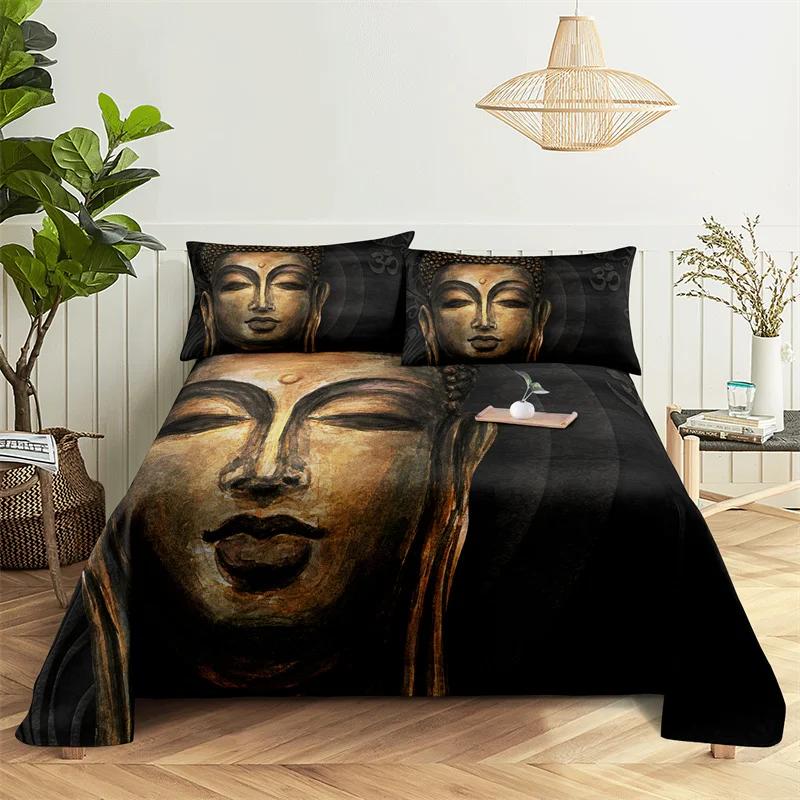 

Buddha Statue 0.9/1.2/1.5/1.8/2.0m Digital Printing Polyester Bed Flat Sheet With Pillowcase Print Bedding Set