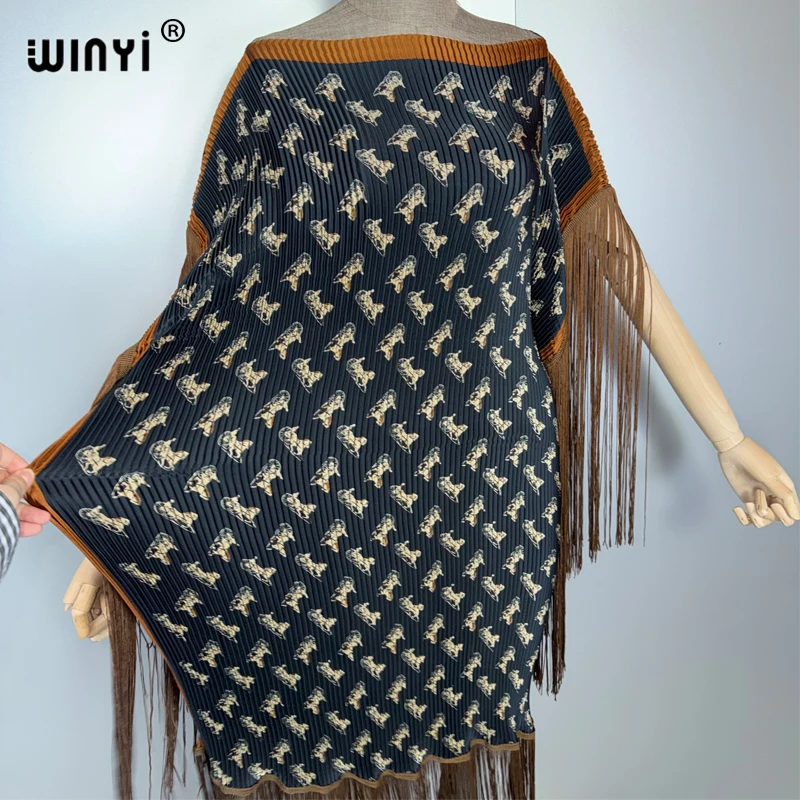 WINYI plissé élastique mince robe à franges femmes froissé Design ample boho robe vacances mode robe de soirée abaya dubaï luxe
