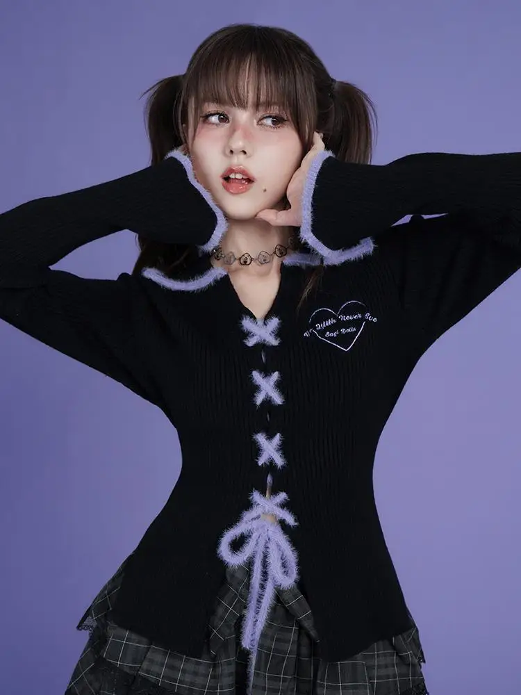 QWEEK Y2k Coquette Gothic Goht Kawaii Cute Bandage Sweater Women Sweet Girl Heart Love Embroidery Cardigan 2024 Autumn Winter