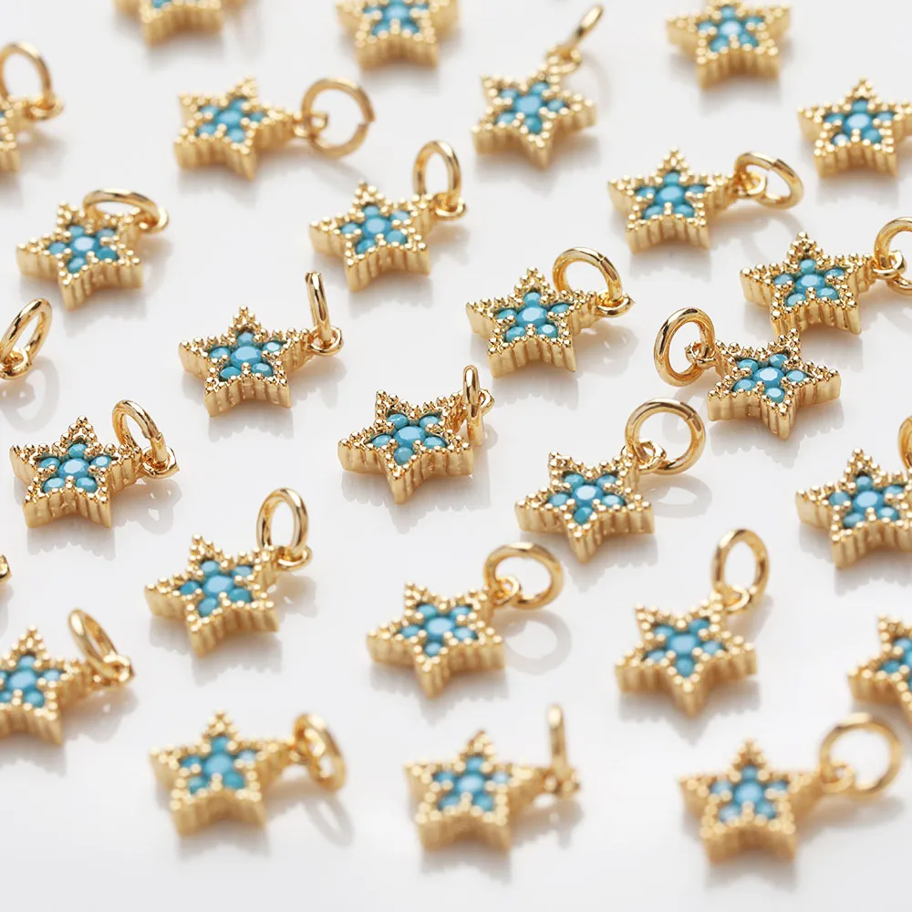 2PCS  Small Turquoise Star Charms for Jewelry Making Drop Earrings DIY Hand Made Brass Accessory 14k Gold Plated 7.7*9.5mm