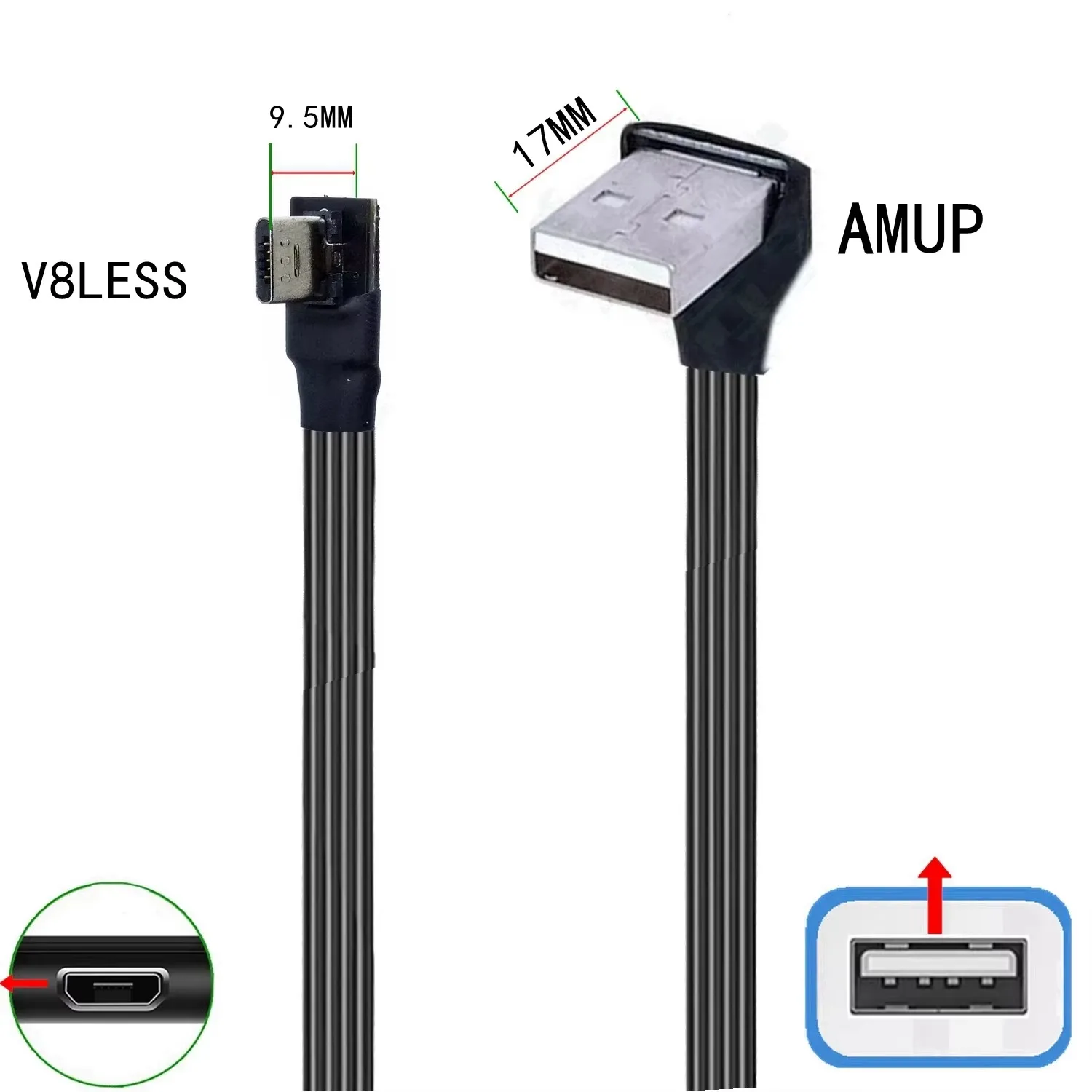 Hyperplane data loading cable connector, flexible up, down, left, right, 90 degree angle, ultra short micro USB plug to USB plug