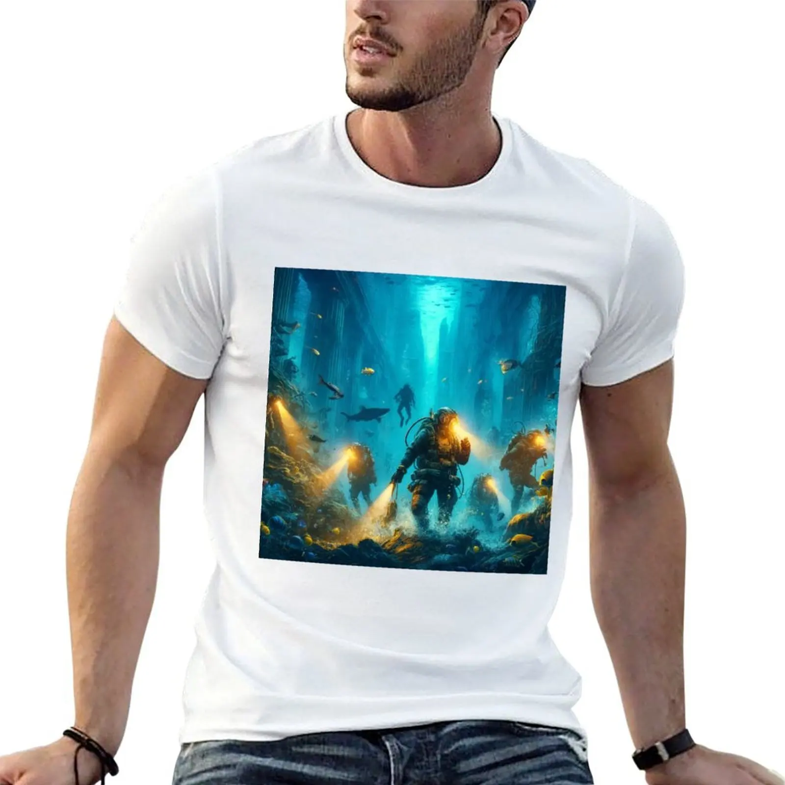 

Scuba Divers Exploring Post Apocalyptical Underwater Cityscape T-Shirt man t shirts for men casual t shirt personalised T-Shirt