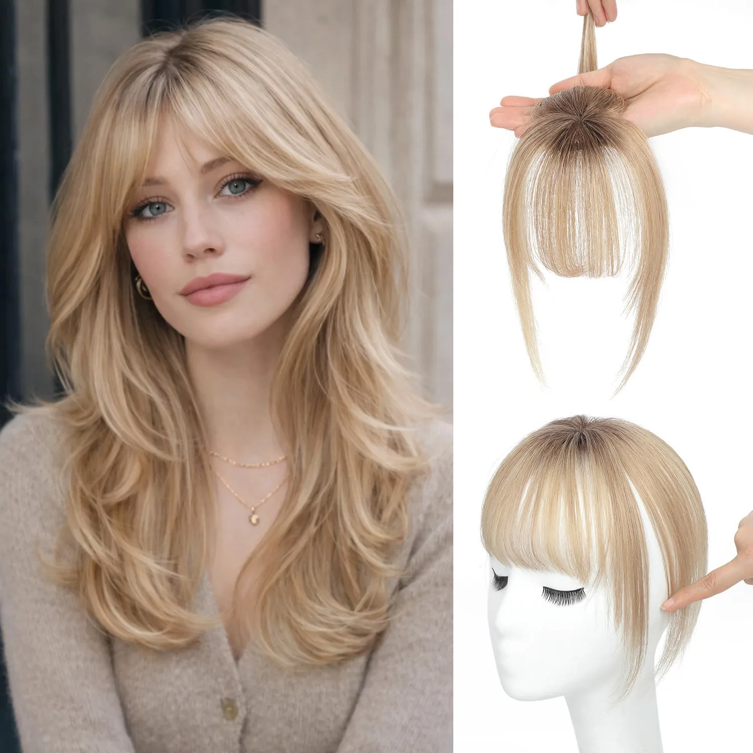 10 Inch Ombre Brown to Blonde Hair Pieces Blonde Human Hair Topper With Bangs for Women Clip in Bangs 100% Real Human Hair Bangs
