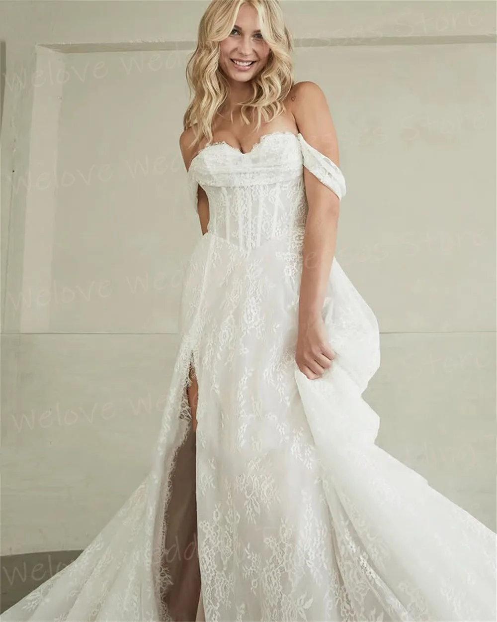 

Luxurious A Line Women's Wedding Dresses Lace Appliques Customized Bride Gowns Off Shoulder Slit Backless Vestidos De Novia Boda