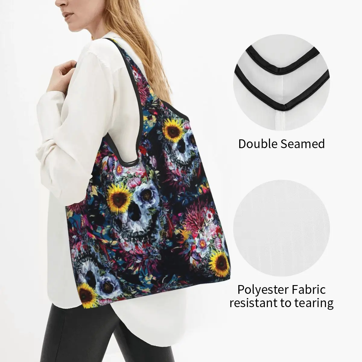 Day Of Dead And Floral Skull Pattern Portable Tote Shopping Bags Foldable Shopper Bag Groceries Handbag Shoulder Bag