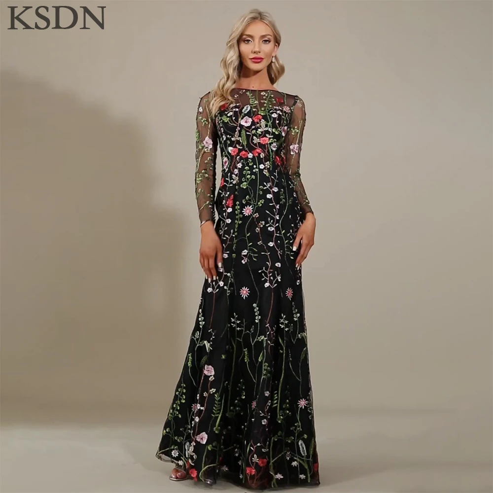 

KSDN Формальные черные вечерние платья с круглым вырезом и длинными рукавами 2025 Элегантное женское кружевное прямое платье длиной до пола, платья для особых случаев