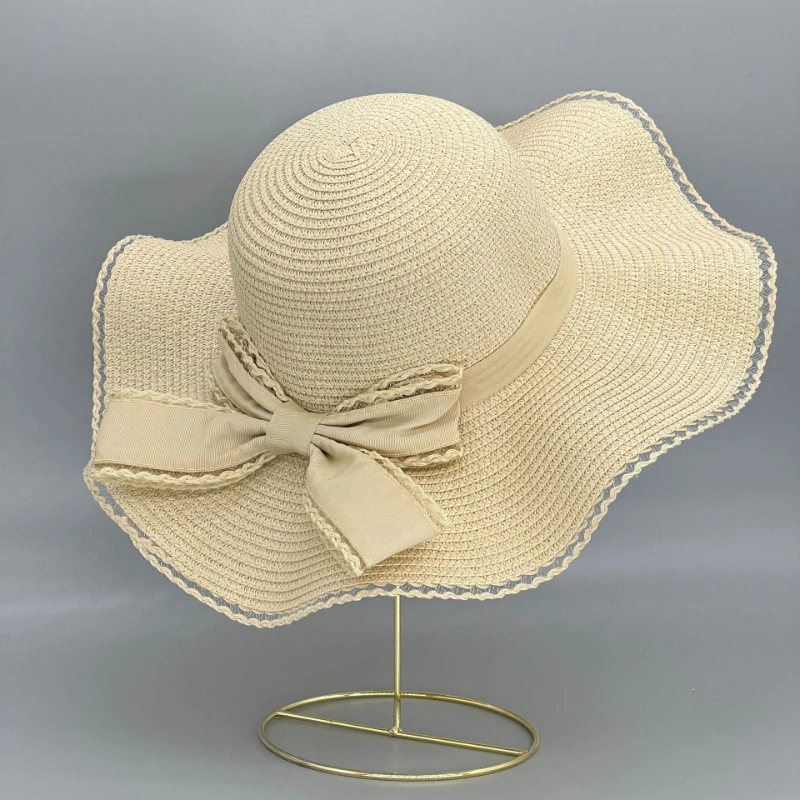 Summer Bow Hat Large Brimmed Straw Hat Outdoor Beach Sun Hat Women\'s Wave Border Sun Hat