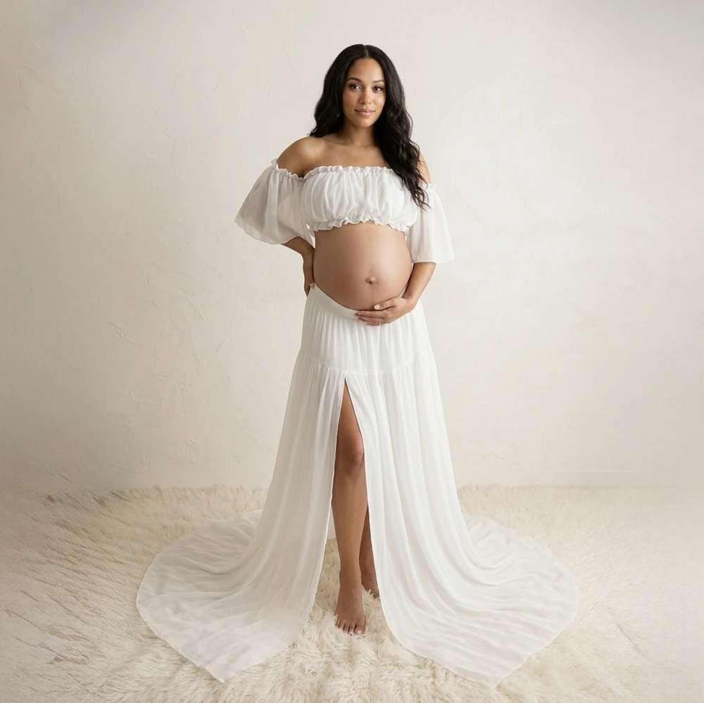 Maternity Photography Props Off Shoulder Top Split Maxi Skirt 2pcs Set Chiffon Pregnancy Photoshoot Dress Boho Baby Shower Gown