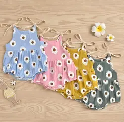 Lioraitiin 0-24M Newborn Infant Baby Girl Summer Fashion Daisy Floral Printed Bodysuit O-Neck Jumpsuit 4Colors