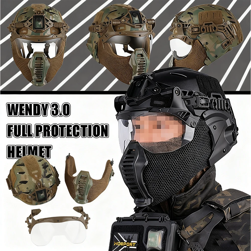 Tactical Wendy 3.0 Full Protection Helmet Kit with Mouthguard Half Face Mask Ear Cover Airsoft Flip Goggles for Outdoor Hunting