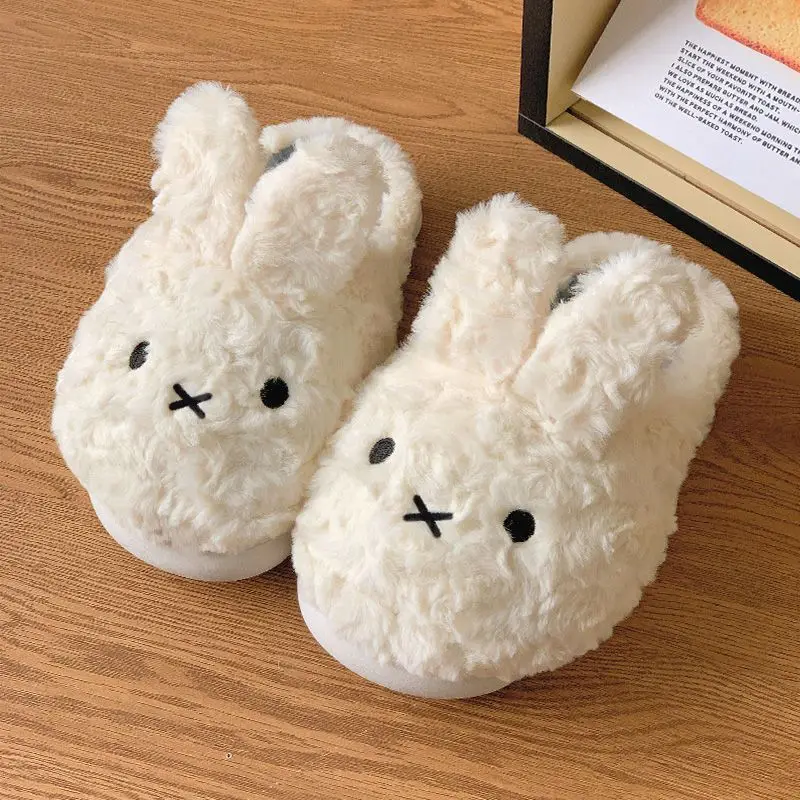 Autumn Winter Soft Fully Covered Fleece Slippers With Miffy Pattern Thick Non-slip Sole Warm Indoor Plush House Shoes For Women