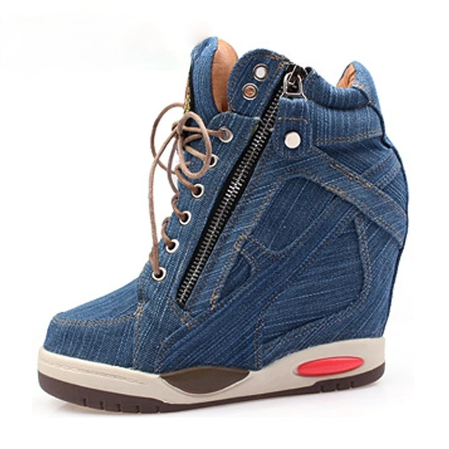 Big Size Women s Denim Wedges Sneakers Autumn Platform Casual Fashion Ladies Side Zipper Vulcanized Shoe Thick Bottom High Heel Women s Vulcanize Shoes AliExpress
