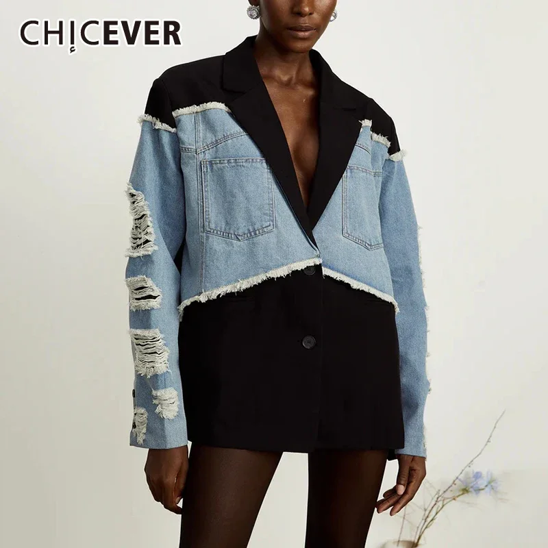 CHICEVER Spliced Ripped Fashion Jackets for Women Notched Collar Long Sleeve Patchwork Denim Streetwear Coats Female Clothes New